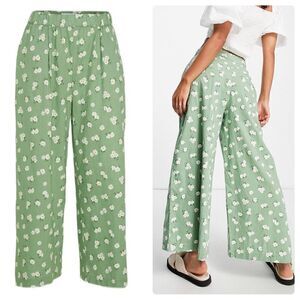 Mango Linen Blend Floral Pants Green New